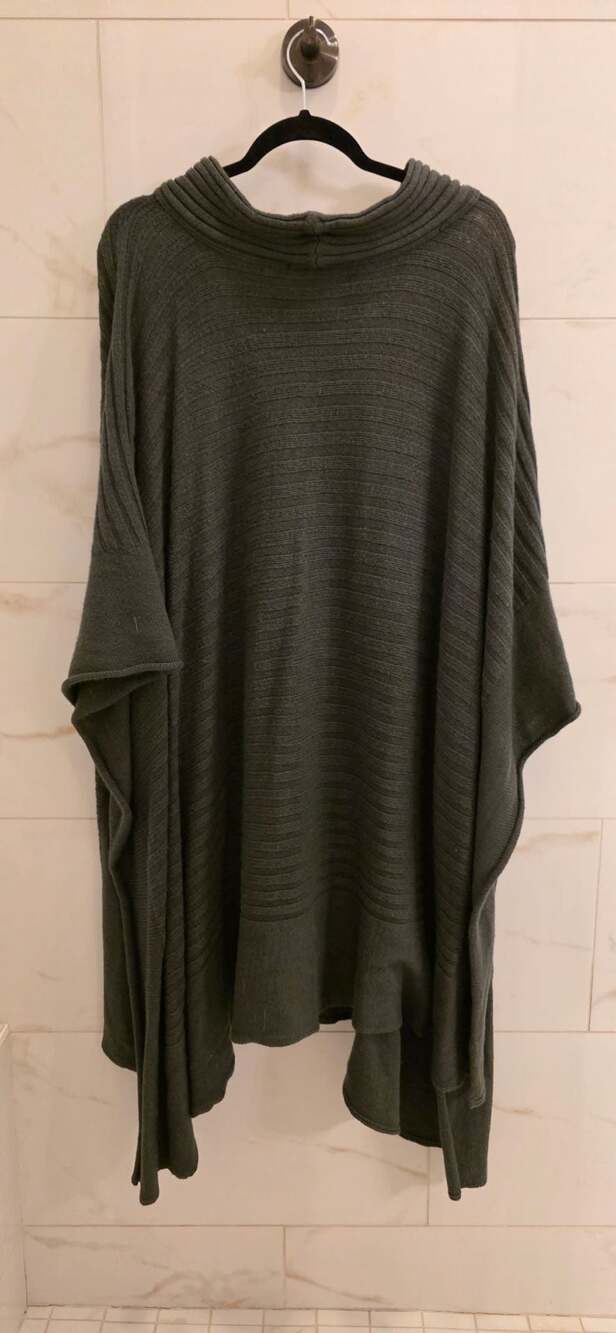 Dark Gray Ribbed Knit Cowl Neck Poncho Sweater